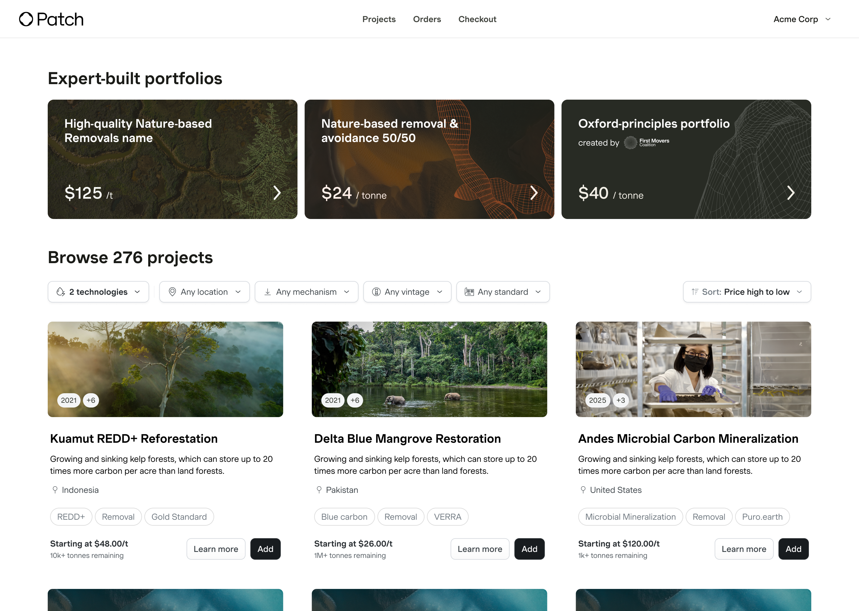 Patch sourcing marketplace showing expert-built portfolios and a browsable project catalog
