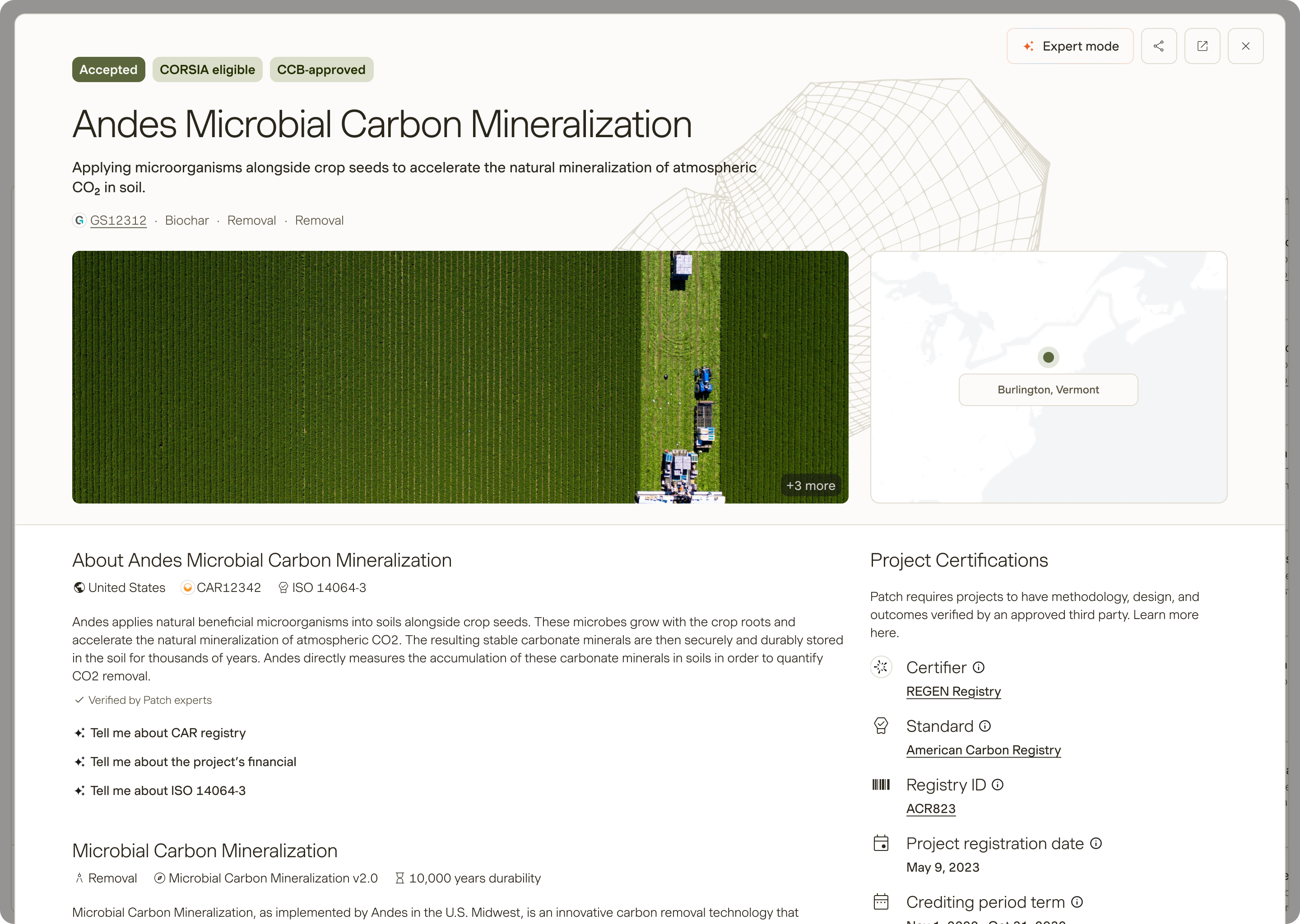 Patch project details page showing grouped carbon project data for buyers and experts